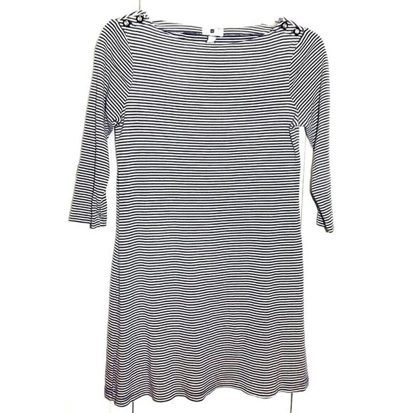 GAP Women's M 3/4 Sleeve Navy Striped Short Sheath Dress Button Trim - Picture 1 of 6